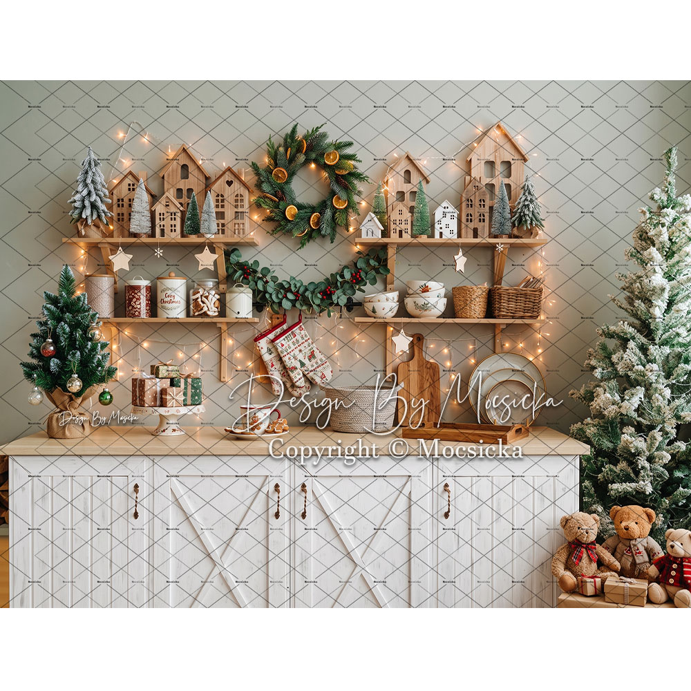 Baking Kitchen Kids - Mocsicka Christmas Gingerbread Kitchen Backdrop Photography